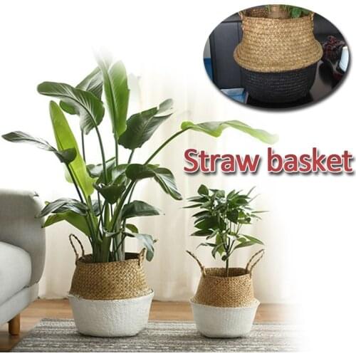 Handmade Bamboo Storage Baskets Foldable Laundry Straw Patchwork Wicker Rattan Seagrass Belly Garden Flower Pot Planter Basket