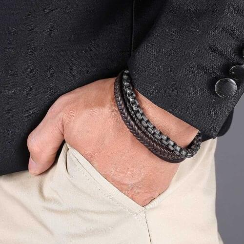 Retro Stainless Steel Chain Mix Multilayer Leather Bracelet Men Punk Matte Magnetic Buckle Bangles Jewelry Gift