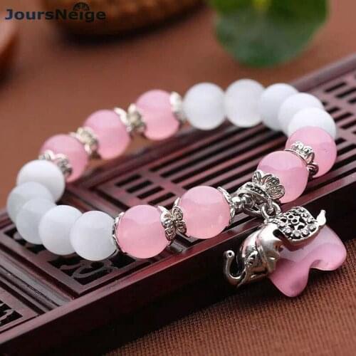 Wholesale Pink and White Cat Eye Stone Bracelets Tibetan Silver Elephant Pendant For Women Fresh Simple Bracelet Jewelry