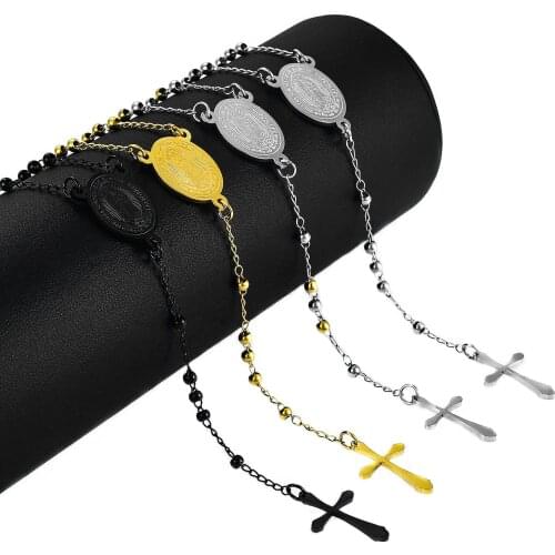 Rosary Necklace For Women Men Long Chain Stainless Steel Religious Coin Cross Pendant Necklaces Jewelry