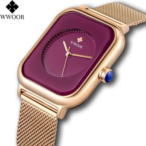 WWOOR Watches For Women 2020 Top Brand Luxury Purple Rectangle Quartz Wrist Watch Waterproof Steel Mesh belt Ladies Watch Xfcs