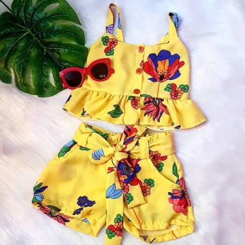 TELOTUNY Childrens clothing Toddler Baby Kid Girl Cute Floral Print Ruffles Suspenders Tops+Bow Shorts Outfit Beach Clothes Jun