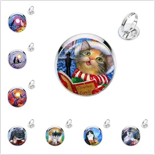Statement Jewelry Glass Cabochon Dome Rings Fashion Cute Anime Cat Cartoon Jewelry For Women Men Kids Gift