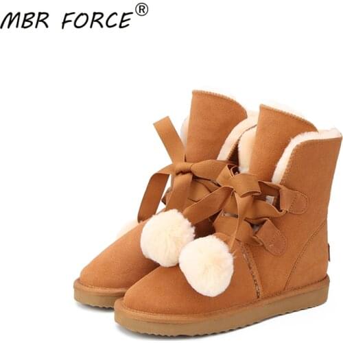 MBR FROCE Top Quality Fashion Women Snow Boots Genuine Cowhide Leather Boots Warm Winter Boots Women Lace Up Boots US 3-13