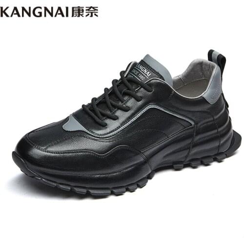 KANGNAI Men Shoes Genuine Cow Leather Lace-Up Outdoor Walking Sports Footwear Black Platform Male Casual Shoes