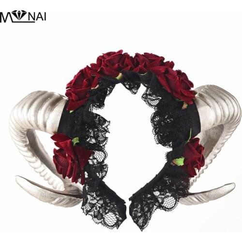 Steam punk Horn Headband Roses Flower Veil Hairbands For Party Christmas & Easter Hair Accessories Costumes