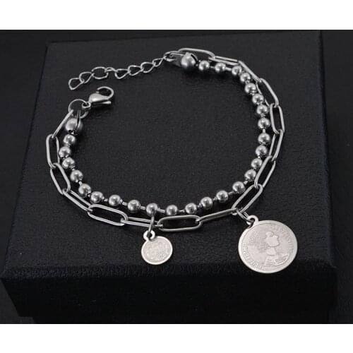 Personalized retro titanium steel queen Coin Bracelet