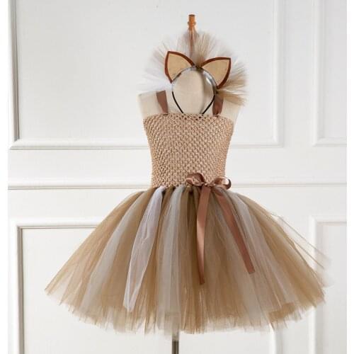 Brown Lion Tutu Dress for Girls Christmas Halloween Costume Kids Lion Princess Costume Knee-length Dress Childrens Clothes