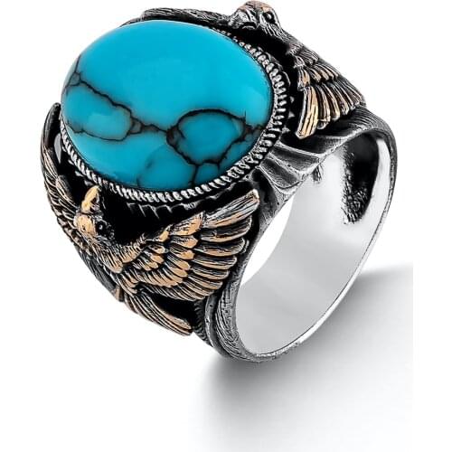 Silver Blue Turquoise Gemstone Ring with Hawk Figure For Men Animal Men Jewelery Solid 925 Sterling Silver