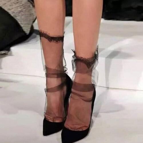 Chiffon Elastic Free Size Mesh Comfortable Lace Adjustable Ultra-Thin Gauze Soft 1Pair Transparent Black Socks