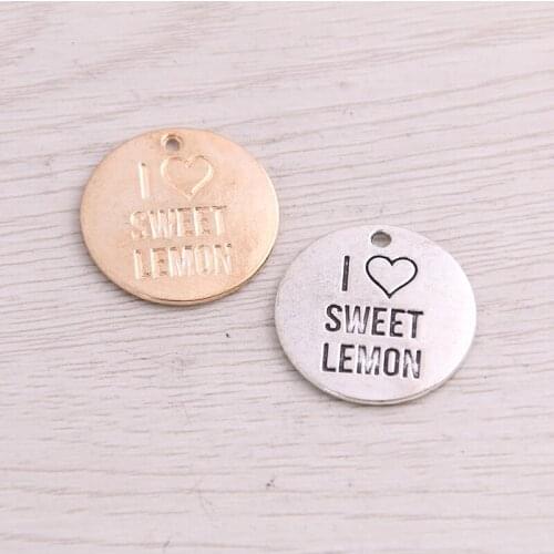 SWEET BELL 12PCS 20mm New Product Two Color Round Charms Letter I LOVE SWEET LEMON Pendant Jewelry Metal Alloy Jewelry Marking
