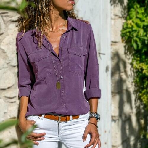 Spring Autumn Women Top Sexy Long Sleeve T Shirt Elegant Lady Tees Turndown Collar Pocket Pure Color Casual Button-Up Streetwear