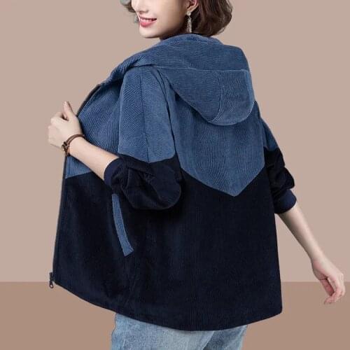 2021 New Autumn Women Jacket Long Sleeve Hooded Jackets Corduroy Casual Coat Female Windbreaker Loose Outwear Plus Size 4XL