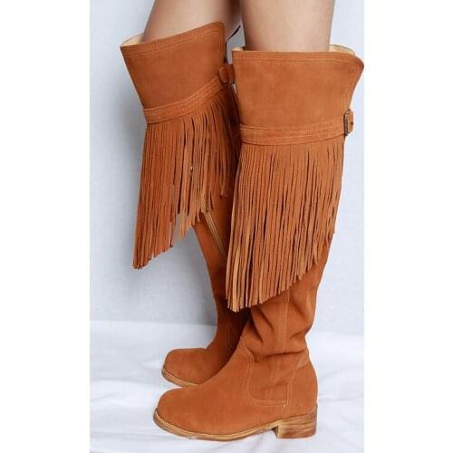 Womens Fringe Boot Brown Suede Tassel Over The Knee Boots Flat Stretch High Boots Round Toe Winter Long Tall Boots Big Size