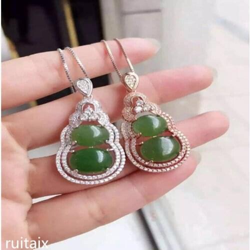 KJJEAXCMY boutique jewels S925 Pure silver inlay natural jade lady pendant + necklace chain chain gourd ornaments