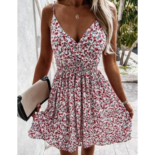Women Retro Floral Prints Mini Dress Elastic Waist Sexy Summer Deep V Neck Sleeveless Sling Dress Backless Lady Dresses Vestidos