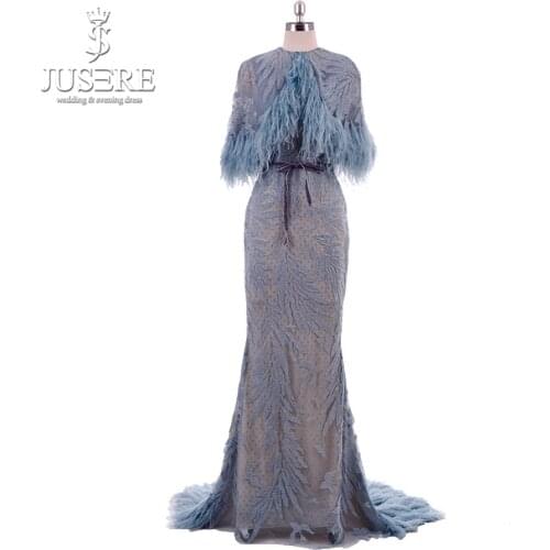 Tank V neckline Beading Mermaid Belt Illusion Back Fitting Feathers Train Jacket Elegant Celebrity Prom Evening Dress 2018