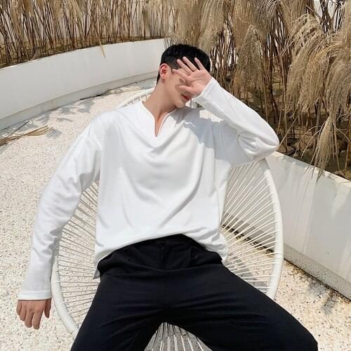 2021 New Men Autumn Solid Color V-neck Vintage Long Sleeve Tshirt Pullovers Tees Shirts Male Streetwear Hip Hop Loose Casual