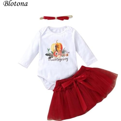 Blotona 3Pcs Toddler Thanksgiving Day Outfits, Letter&Pumpkin Print Long Sleeve Bodysuit +Tulle Skirt with Bow + Headband 0-18M