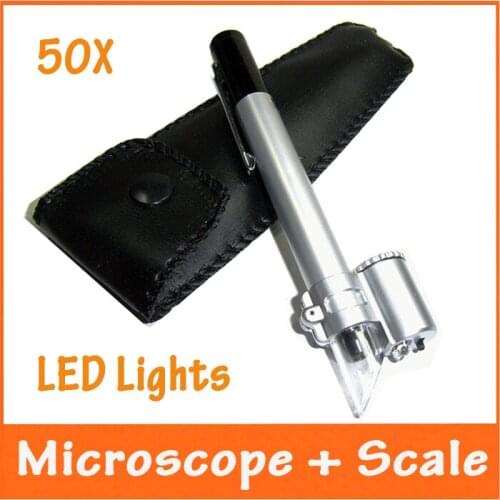 50X LED Illuminated Pen-like Reading Glass Pocket Microscope Lighted Magnifier Jewelry Loupe with Lamps Scale 1DIV/0.05