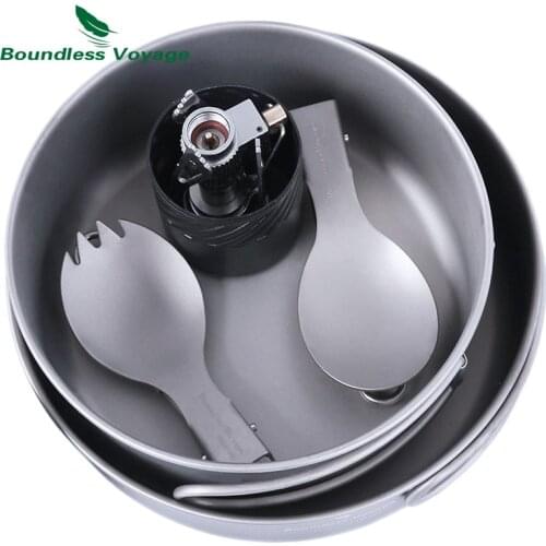 Boundless Voyage Outdoor Titanium Pot Pan Spoon Spork Stove Set Camping Hiking Cooking Burning Set With Folding Handle