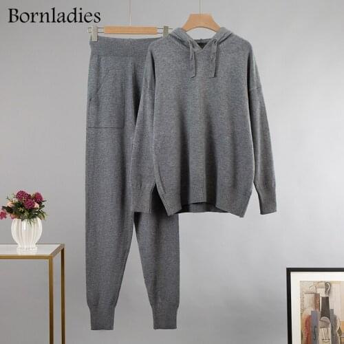 Bornladies Autumn Winter Cashmere Thicken Hooded Sweater and Harem Pants 2 Piece Set Outfits Women Knitted Two Piece Tracksuits