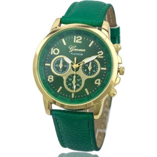 100pcs/lot geneva brand gold case leather watch wrap quartz three eyes casual watch for unisex candy colors geneva wristwatch
