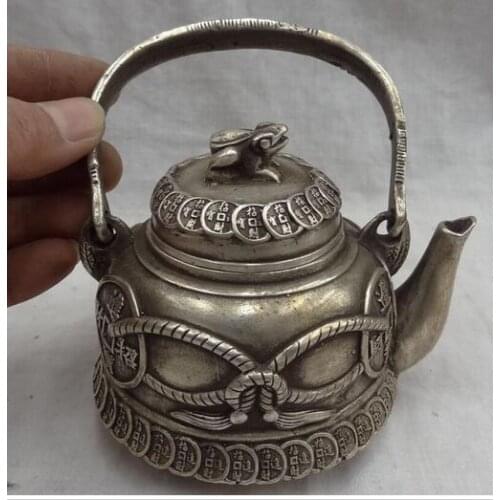 Decoration copper silver factory outlets Chinese Silver Buddhist Wealth Coin Hoptoad Statue Brass Frog Teapot Wine Pot