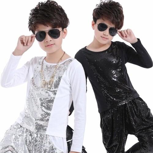 Boys Catwalk Performance Costumes Stage Wear Childrens Drum Sequins Long-Sleeve T-shirt Jazz Hip-Hop Dance Clothing DQS2793