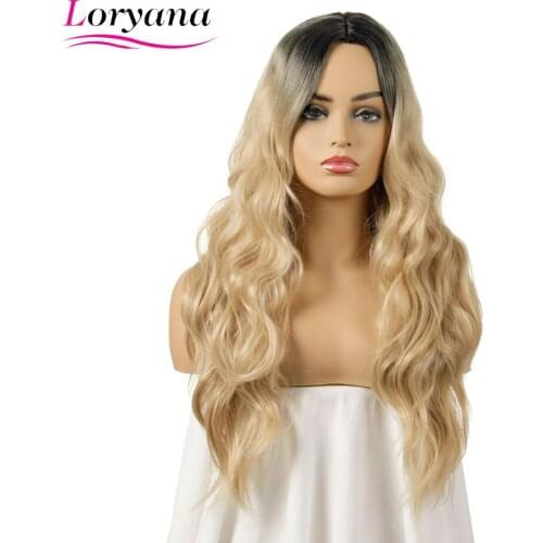 Loryana Long Womens Wigs Ombre Black Blonde Wigs Heat Resistant Part Side Synthetic Wavy Wigs for African American Women