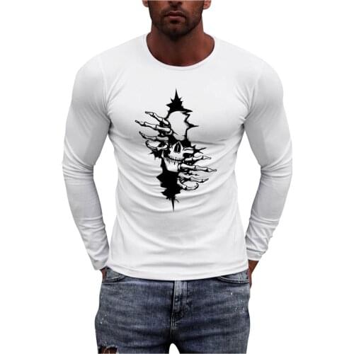 Male Workout Casual Tshirt Summer Simple Skull Print Long Sleeve Pullover Simple Round Neck Graphic Tee Streetwear Slim Футболка
