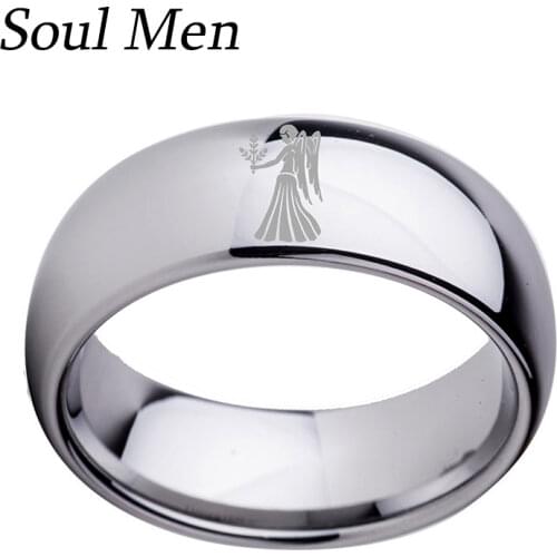 Zodiac Virgo Laser Mens Polished Dome Ring 8mm Boy Simple Tungsten Carbide Wedding Band Size 6 to 13 & Half