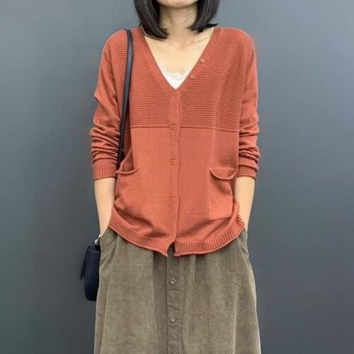 Spring Autumn Korea Fashion Women Long Sleeve V-neck Cardigan Sweaters Single Breasted Casual Knitting Outwear Pleated Pockets