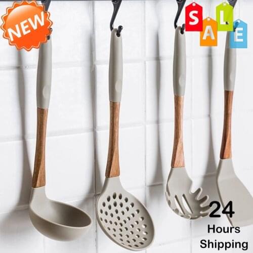 6Pcs/Set New Silicone+Wood Cooking Tool Sets Kitchen Utensils Sets Cookware Soup Spoon Spatula Turner Strainer Kitchenware