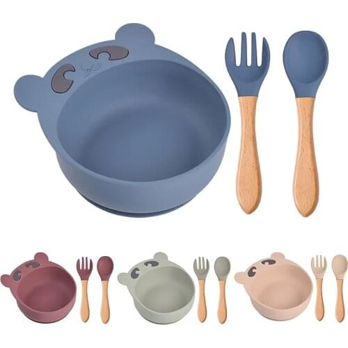 New Silicone Bowl Spoon And Fork Set Cartoon Bear Feeding Non-Slip Drop-Proof BPA-Free Portable Suction Cup Safe Tableware