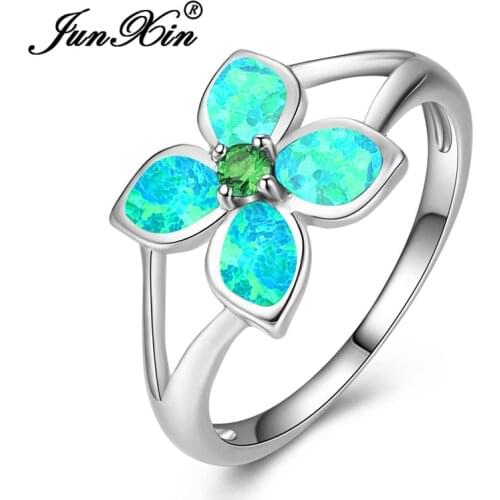 Charm Plant Flower Ring White Gold Rainbow Green Blue White Fire Opal Rings For Women Wedding Band Crystal Engagement Ring
