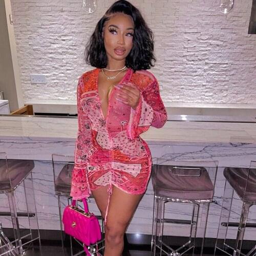 Sexy See Through Printed Dress Womens Deep V Long Flare Sleeve Mini Dress Party Club Drawstring Ruched Mesh Dress 2021 New