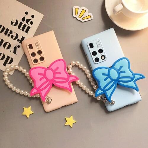 For Samsung Galaxy Z Fold 2 3 5G DIY Korea Japan Girl Luxury Fashion Super Cute Bowknot Stand Holder Pearl Hand Chain Case Cover