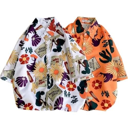Fashion Mens Shirts Japan Style Streetwear Short Sleeve Flower Shirts Men Casual Spring Summer Men Clothing Tops Shirt Men