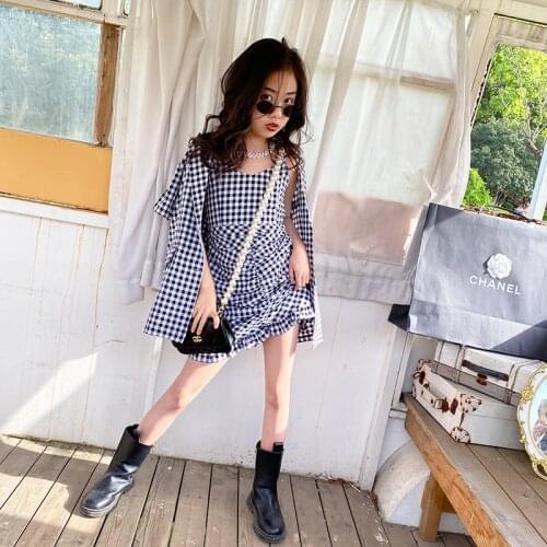 Baby Girl Pure Cotton Plaid Suspender Skirt 2021 Summer New Big Boy Fishtail Skirt Short-sleeved Thin Jacket Two-piece Trend