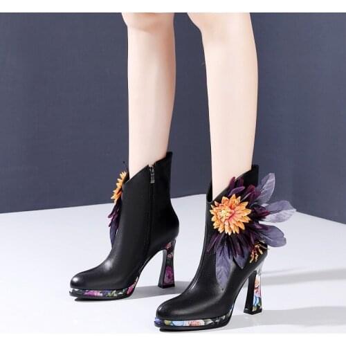Winter New National Style Super High Heels Point Toe Plush Flowers Genuine Leather Women Half Mid-Calf Equestrian Boots 0708