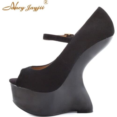 Strange Style Black Wedges Mary Janes Platform Super High Heels Ladies Pumps Woman Shoes Dress Party Novelty Peep Toe Size 15 16