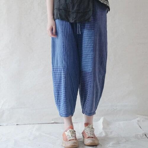 Johnature Women Vintage Handmade Fabric Patchwork Casual Pants Cotton Elastic Waist Belt Loose Trousers 2021 Autumn New Pants