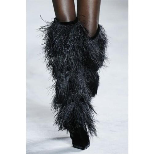 New Winter Womens Boots Fashion Fringed Dance Real Fur Catwalk T-stage Long Boot High Heels Knee High Boots Punk Shoes Woman