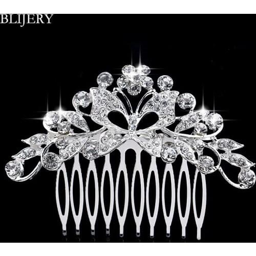 BLIJERY Charm Butterfly Flower Bridal Hair Combs for Women Hairpins Silver Color Crystal Party Wedding Hair Jewelry Accessories