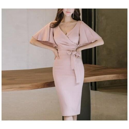 Rebicoo Summer Women Bow Sexy Pink Bodycon Pencil Sheath Retro Formal Wedding Evening Party Special Occasion Dress