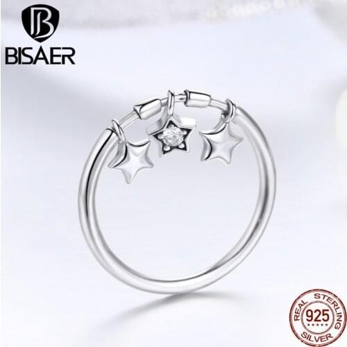 BISAER 925 Sterling Silver Ring Luminous Star Dangle Finger Rings for Women Wedding Sterling Silver Jewelry Anel S925 ECR406
