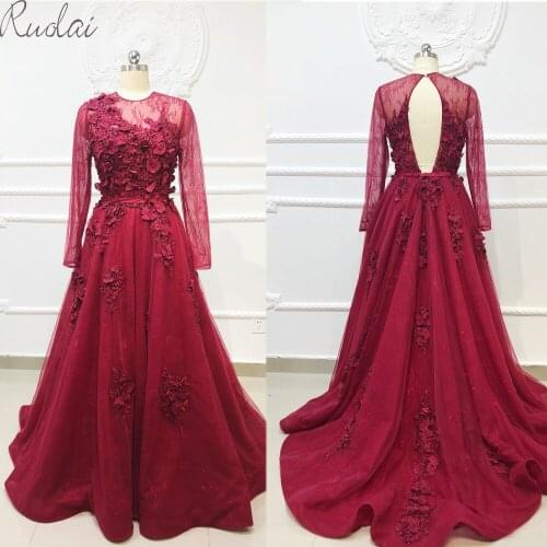 2019 New 3D flowers appliques pearls decoration long sleeve Evening Gown for Women Evening dress robe de soiree