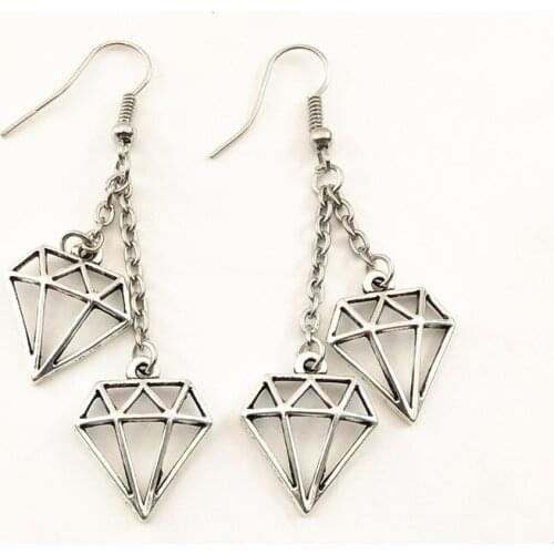 1pair Tibetan Silver hollow diamon shaped charm earring Antique Silver Plated Pendants Jewelry Drop Earing Modern Female Jewelry