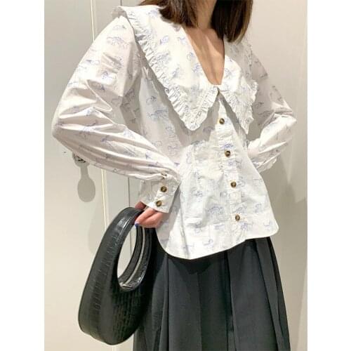 2021 Spring Summer New Women Luxury Classic V-neck Lace Fashion Print Brand Design Cotton Casual Long Sleeve Shirt G3